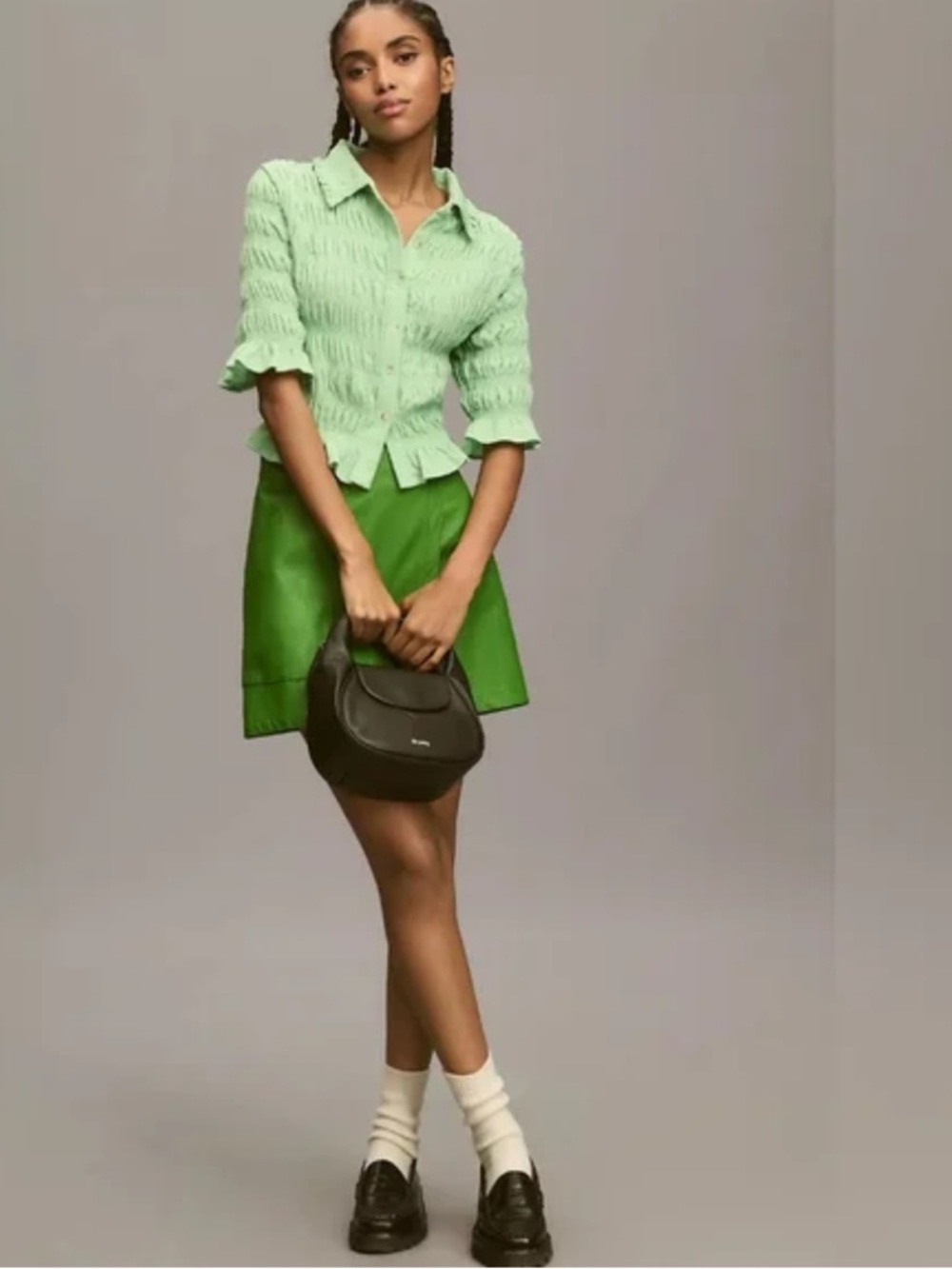 Maeve Light Green Textured Button-Front Top
